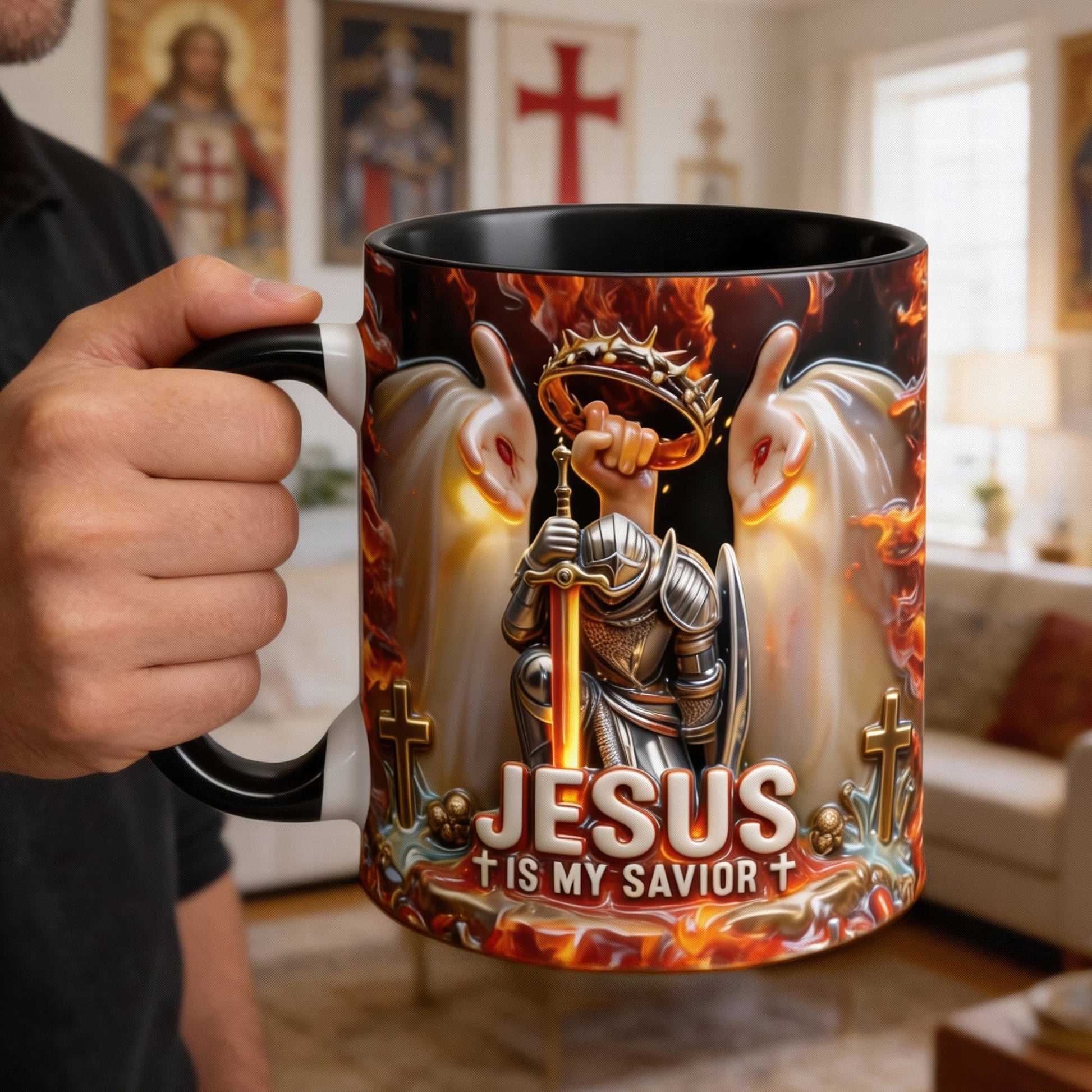 Kneel Templar Knight Warrior & Jesus Savior Accent Mug, Personalized Gifts For Christians 03qhqn210126